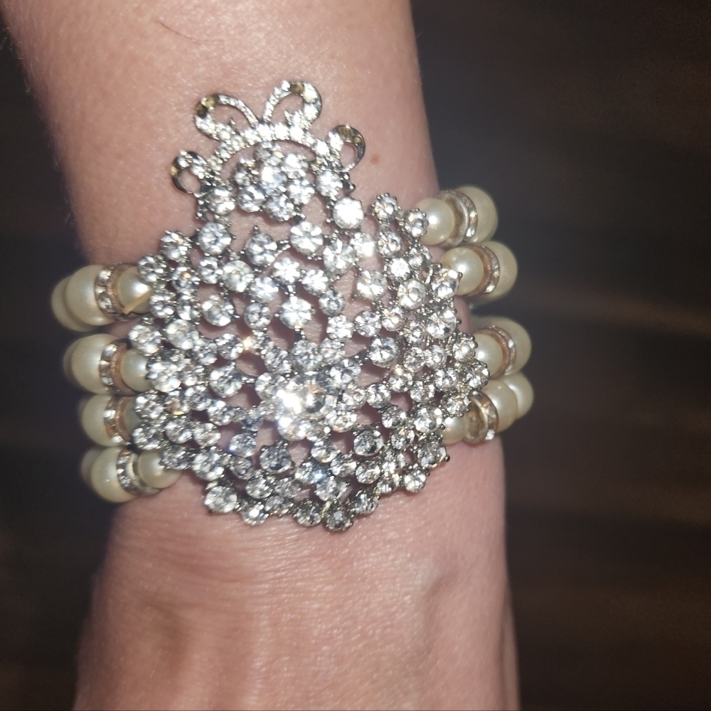Bridal Cuff 4 strand Pearl Bracelet with Rhinestones Focal Point Wedding Jewelry